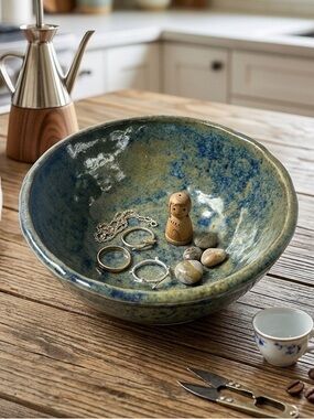 Wabi-Sabi Style Artisanal Ceramic Pinch Bowl - Earthy Blue/Green Drip Glaze